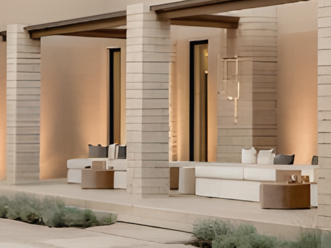 Modern house exterior with porch, beige siding, and outdoor seating area with benches and pillows at night.