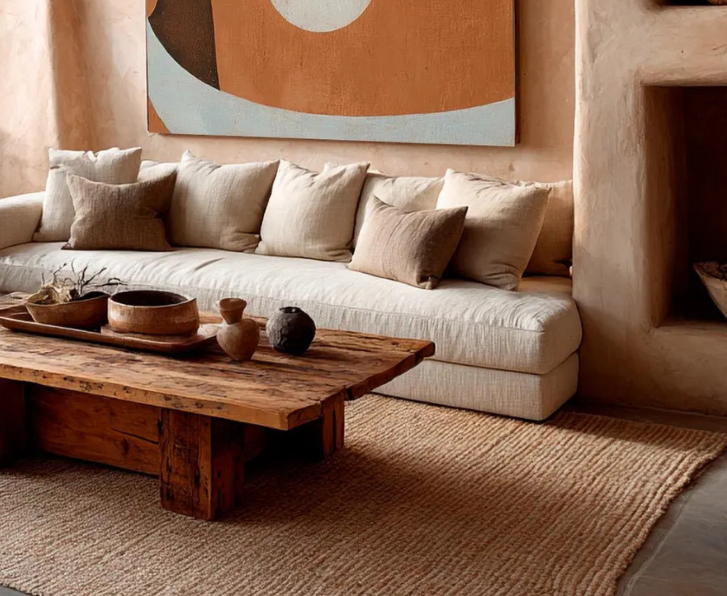Living room with beige sofa, wooden coffee table, abstract art on the wall, and neutral-toned decor.
