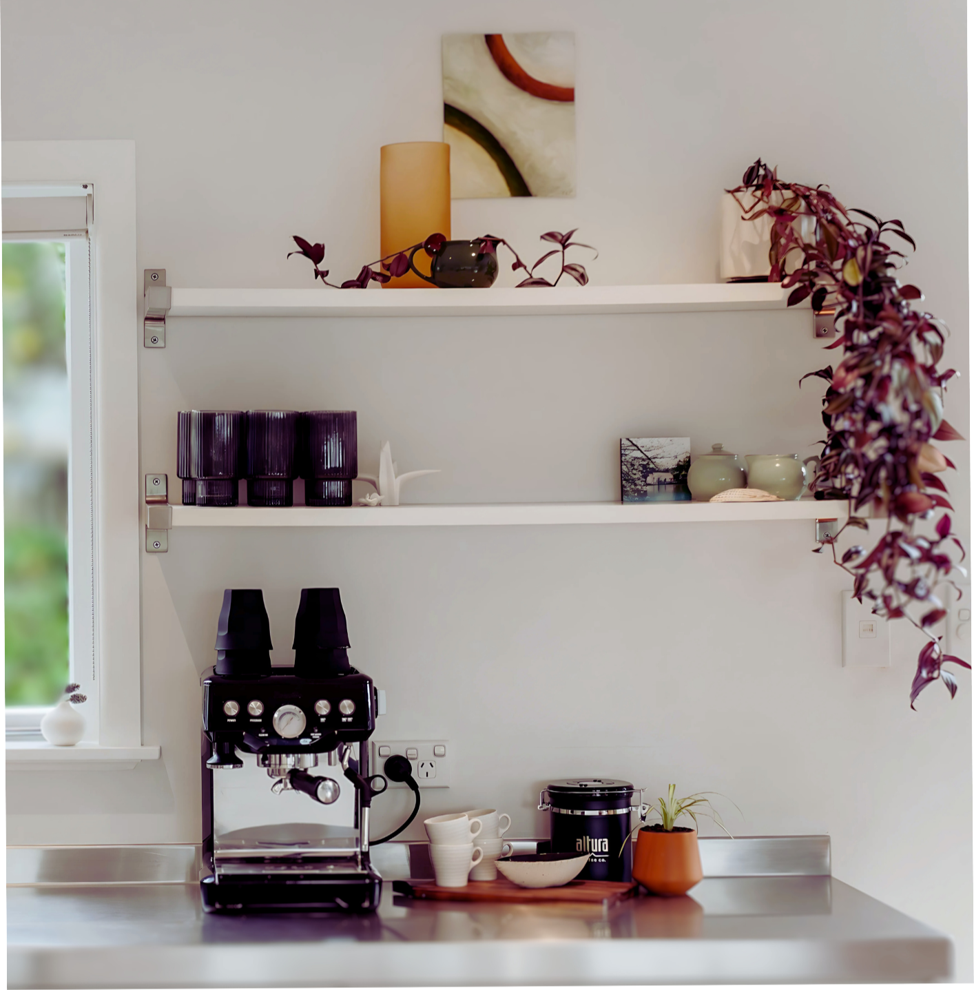 Kitchen counter with coffee machine, cups, a rice cooker, and potted plants, with shelves above holding decorative items and art.