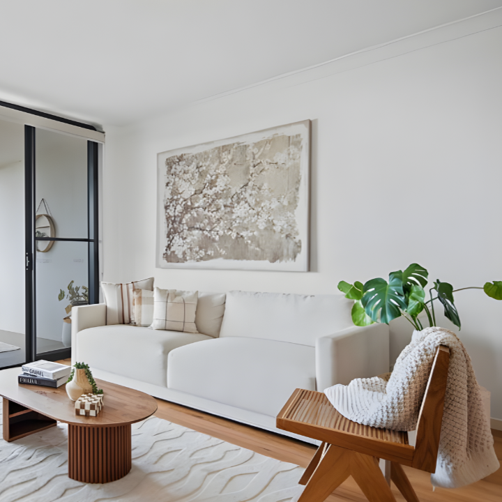 Living room with white sofa, abstract wall art, wooden coffee table, and chair with blanket, next to large window with sliding glass door and sliding screen.