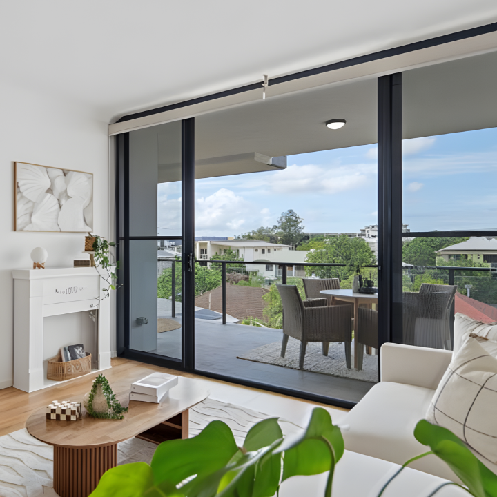 Living room with white walls and furniture, balcony with outdoor dining set, and large glass sliding doors showing a view of trees and neighboring buildings.