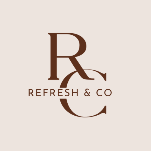 Logo for Refresh & Co with stylised letters R and C in brown on a light beige background.