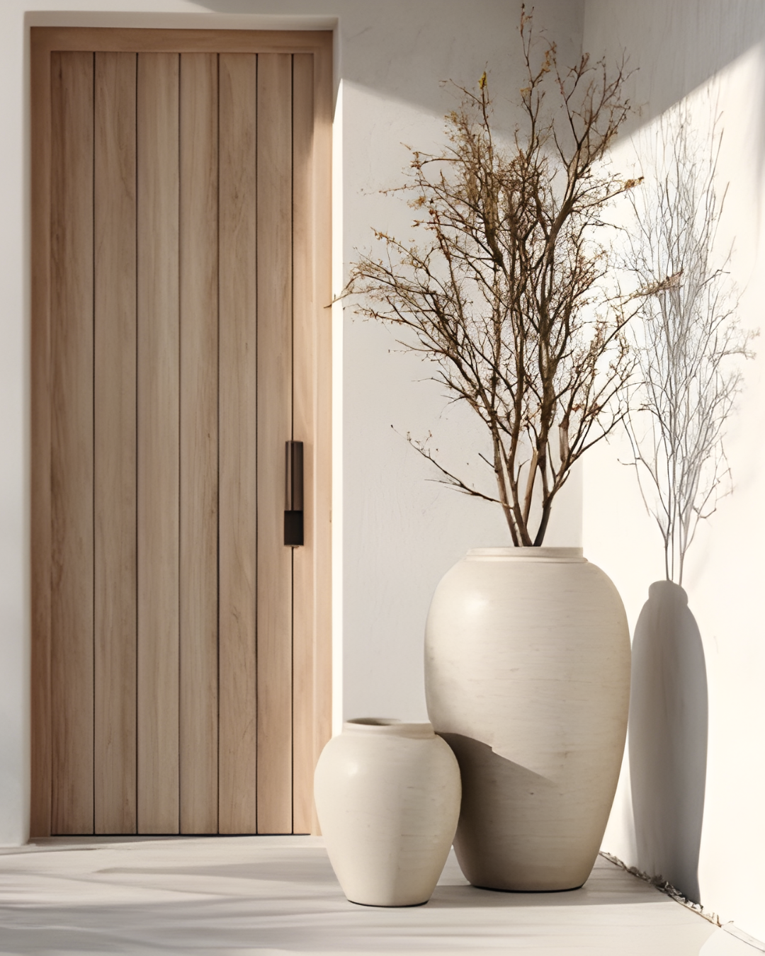 Two large white vases with leafless branches on a white floor near a light wood door and white wall, casting shadows.