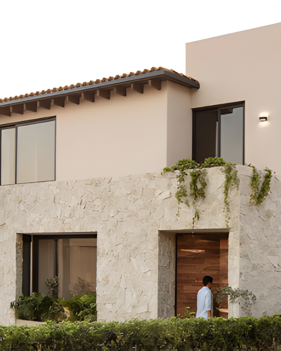 Modern house with a stone facade, large windows, and a person standing in a wooden entryway, surrounded by greenery.