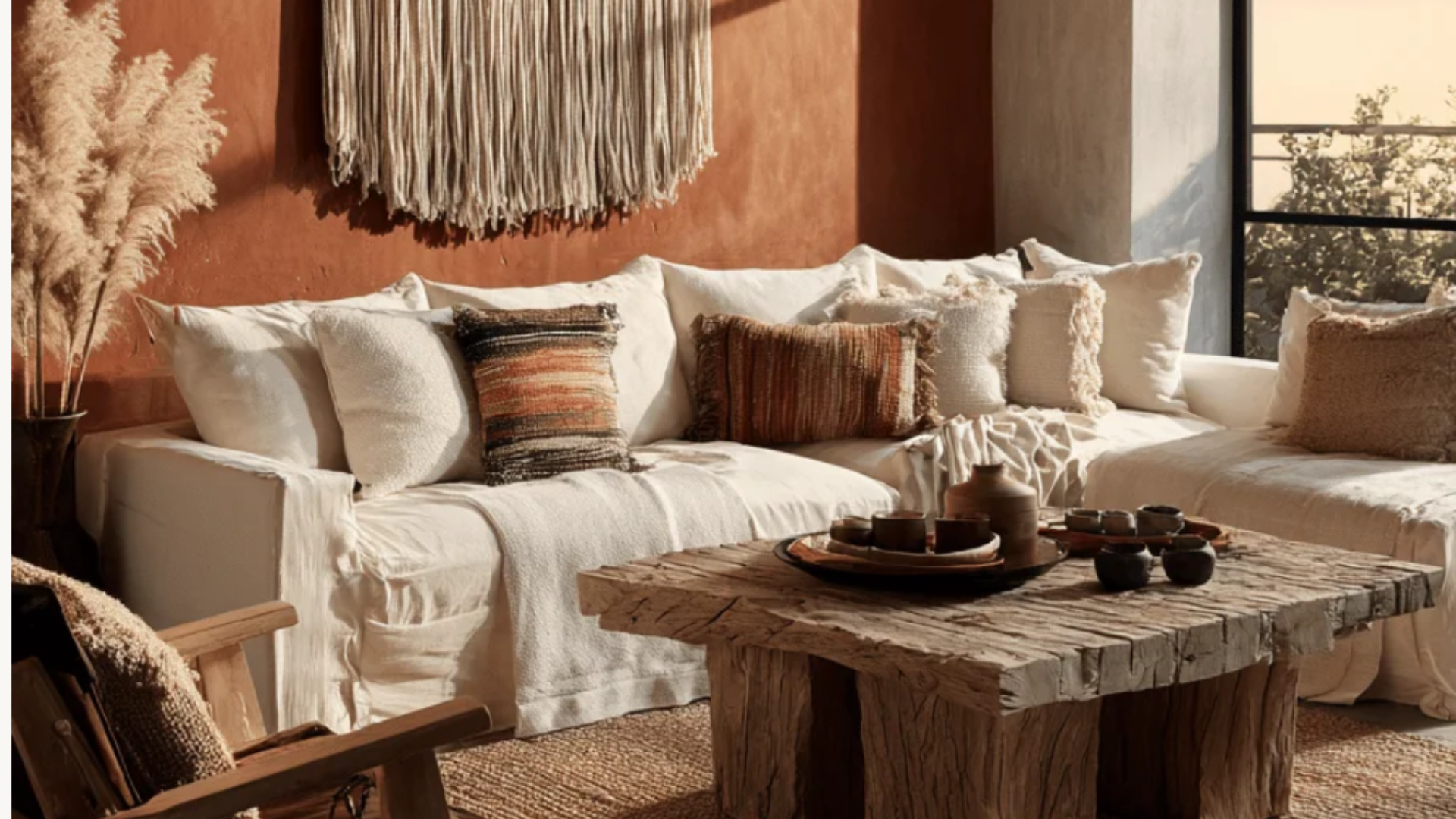 A cozy living room with a white sofa decorated with various textured pillows and a rustic wooden coffee table with decorative ceramics. The room features earthy tones with a textured wall, large window, and natural light.