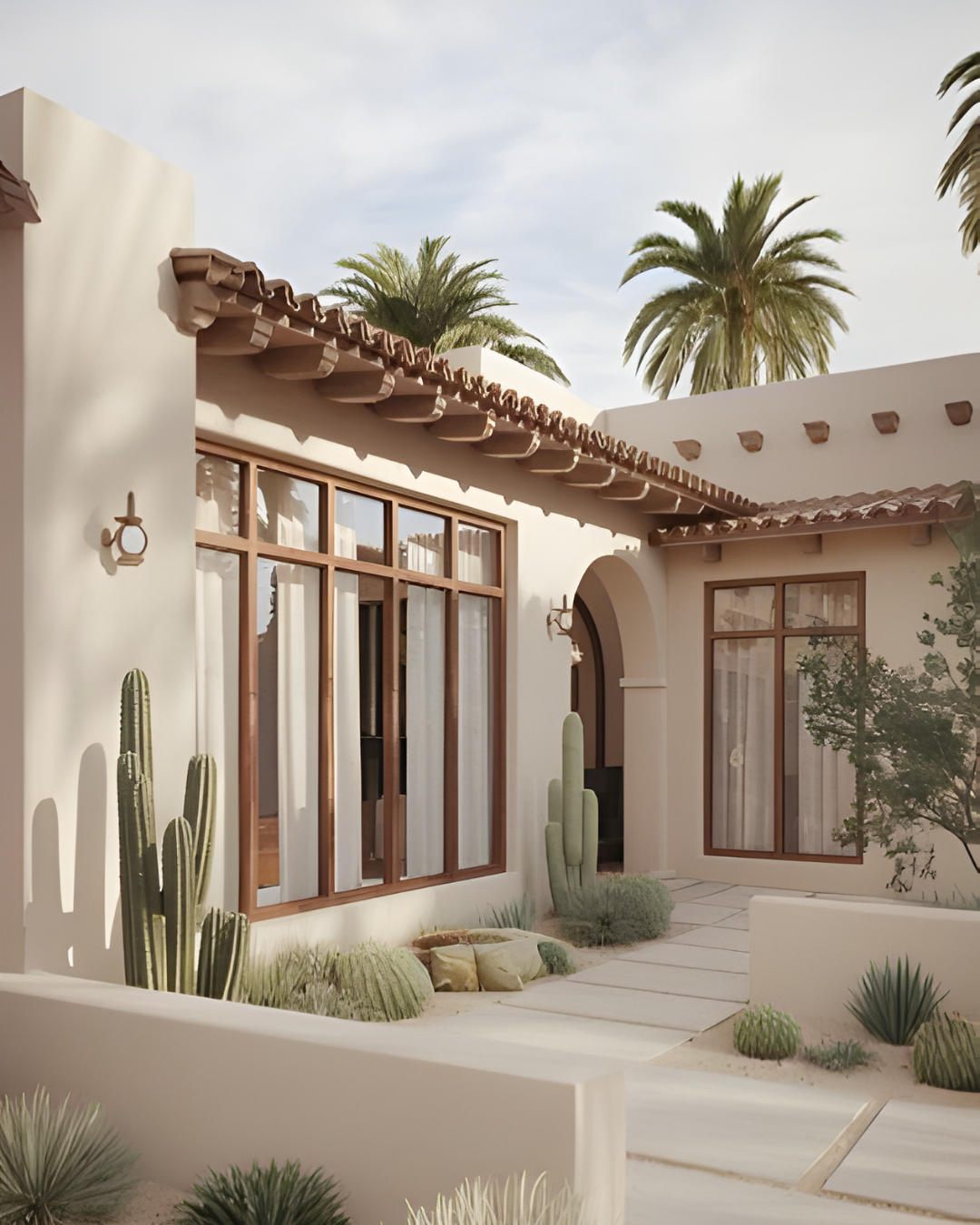 A desert-style courtyard with white stucco walls, wooden window frames, and cactus plants, surrounded by palm trees under a partly cloudy sky.