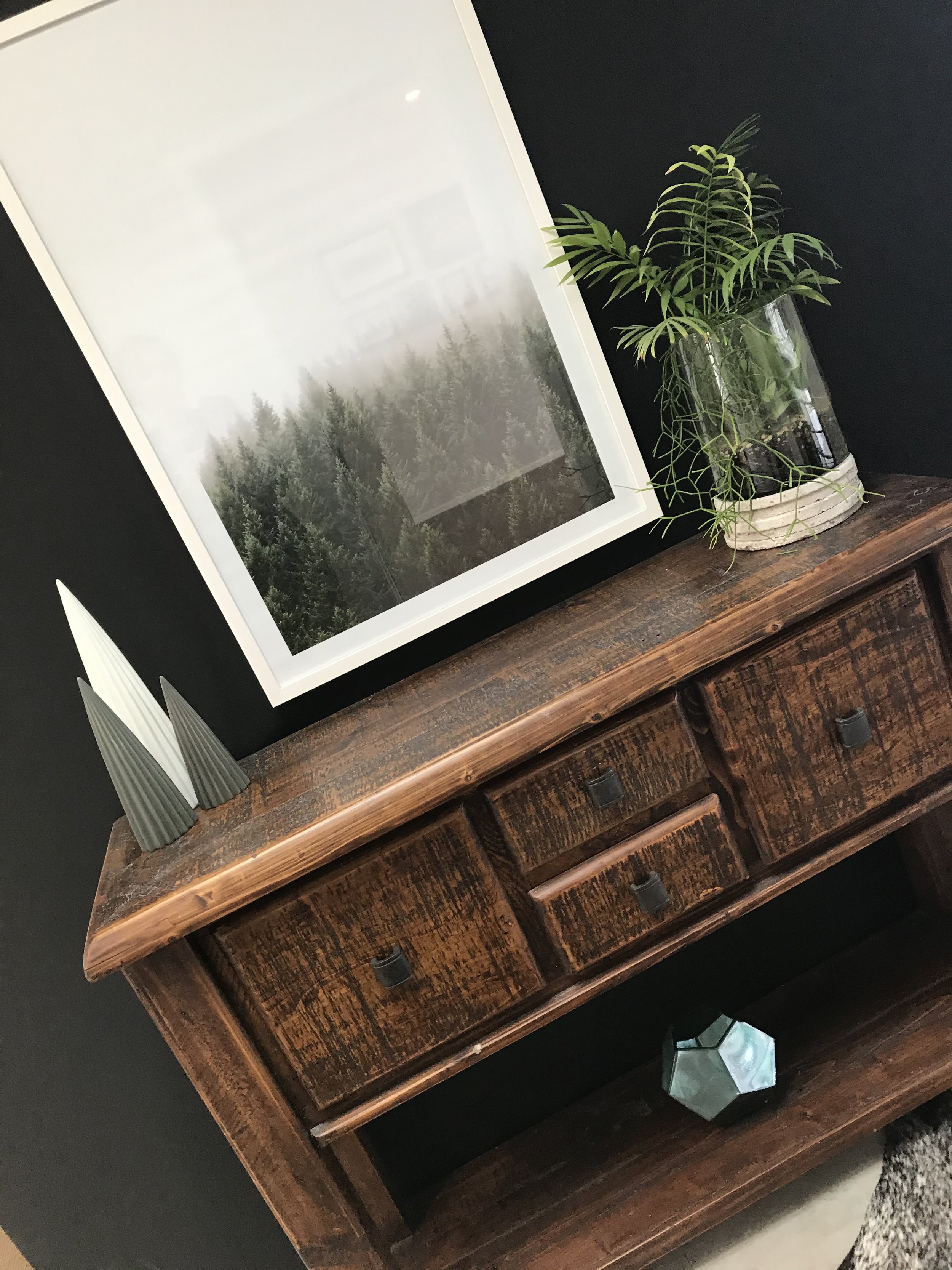A wooden sideboard with small drawers and black hardware, topped with a framed black and white forest photo, a potted plant, and decorative objects, against a black wall.