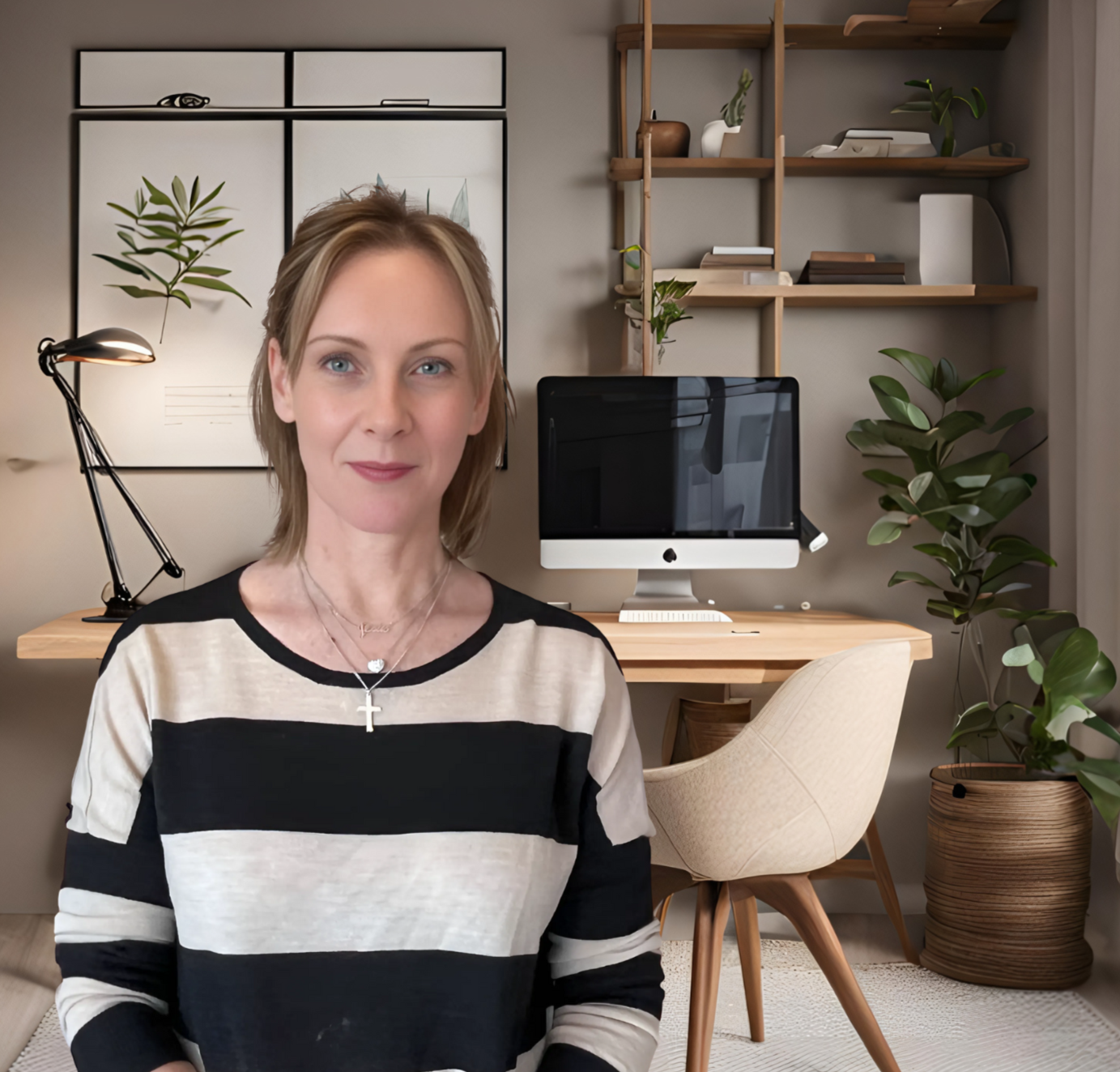 A woman with blonde hair and wearing a black and white striped top standing in a modern home office with an iMac on the desk, wooden shelves with decor, green plants, and a beige chair.