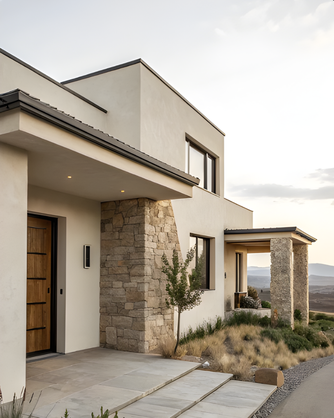 Modern house with white exterior, stone accents, and a wooden front door, set in a desert landscape with sparse vegetation and mountains in the distance.