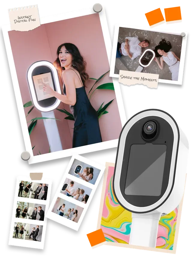 A woman taking a selfie with a mirror photo booth, smiling and pointing at the screen, with smaller photos of people using the photo booth in the background.