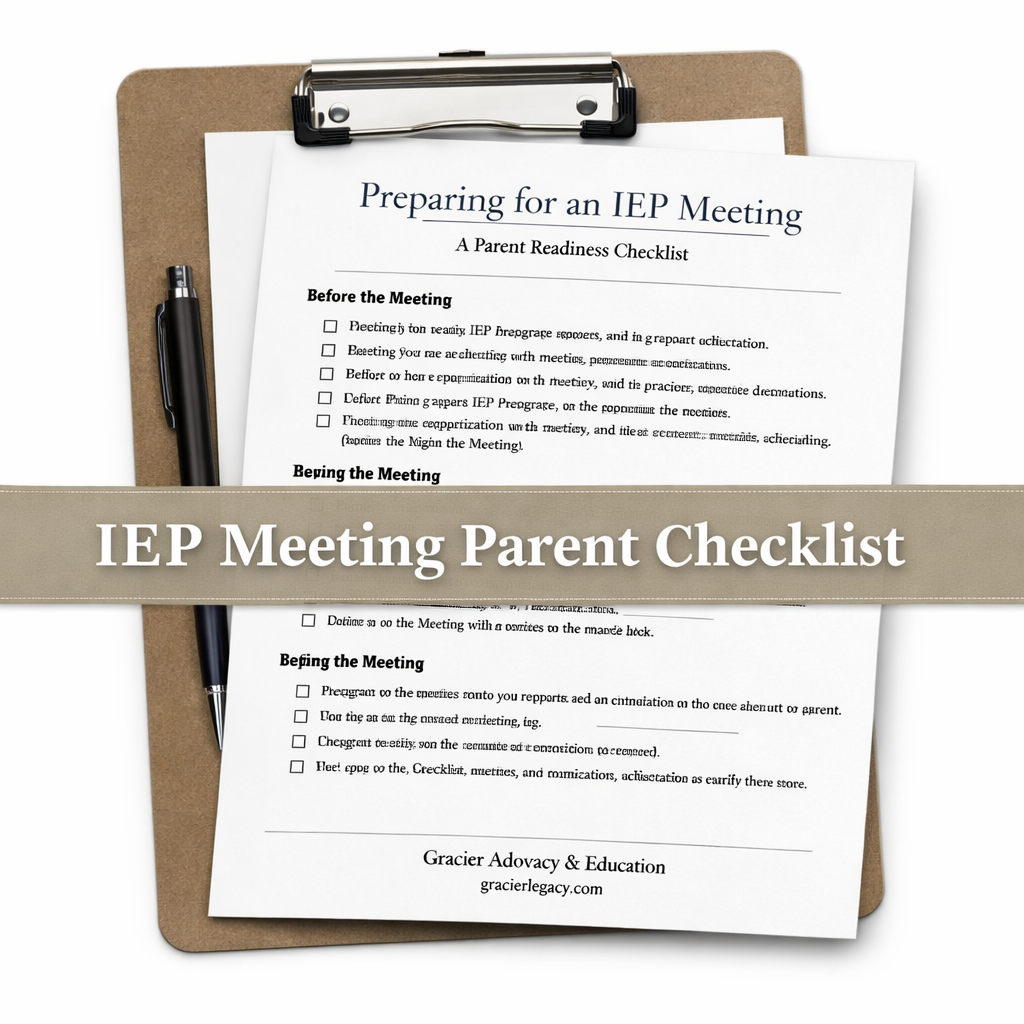 A clipboard holding a printed IEP meeting parent checklist document with a pen attached, and a beige strip across the middle with the text 'IEP Meeting Parent Checklist'.