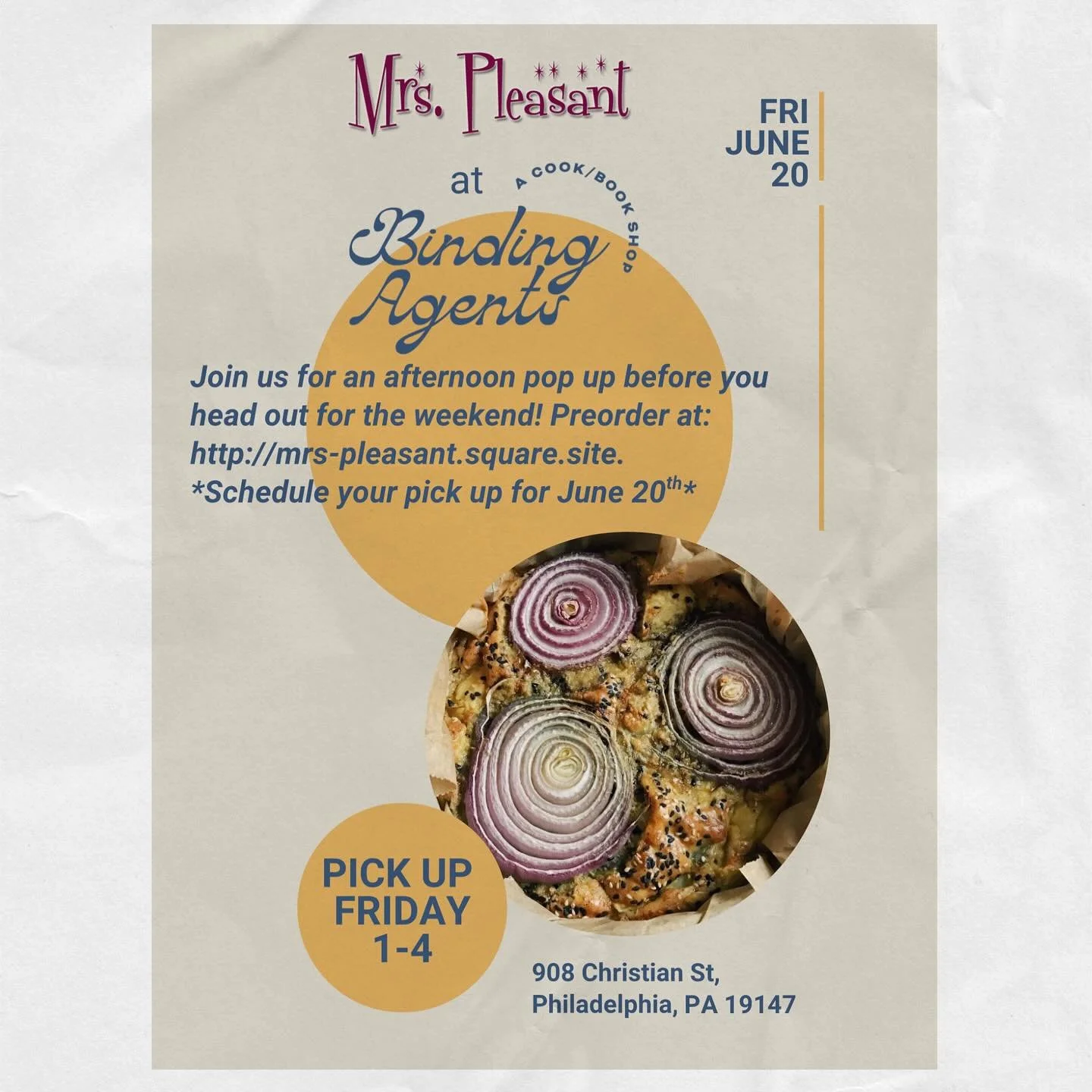 I’m excited to collaborate with Binding Agents for the first pop up of the summer on Friday June 20th from 1-4 pm. Heading to the shore or a weekend getaway? Let me cook for you! Pre order and schedule your pick up for Friday June 20th so I kno