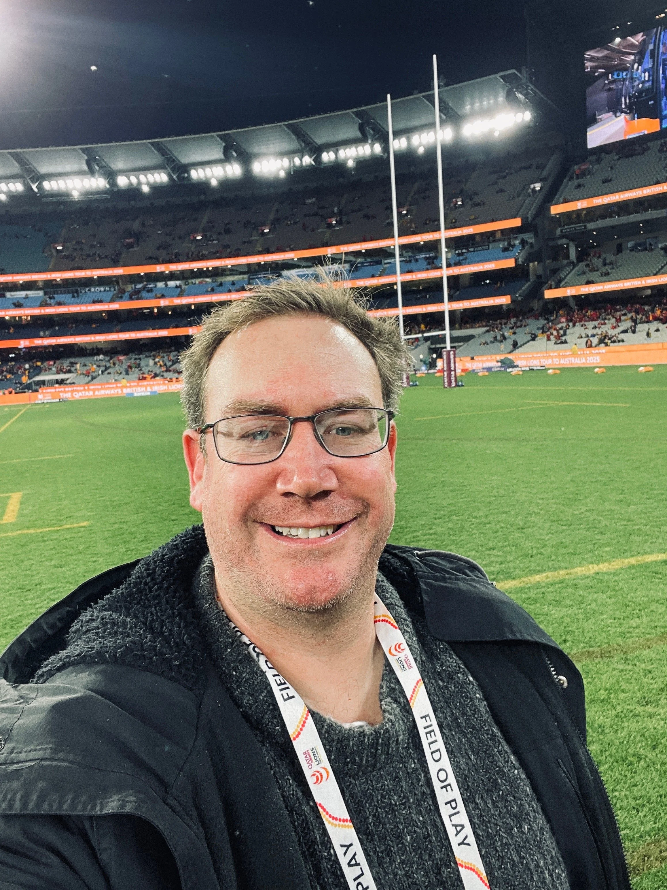 Flinn Shiel, APA Sport & Exercise Physiotherapist at international rugby game at MCG.