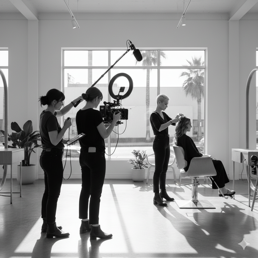 A women getting a haircut at a salon with two stylist assistants and a crew member filming or photographing her.