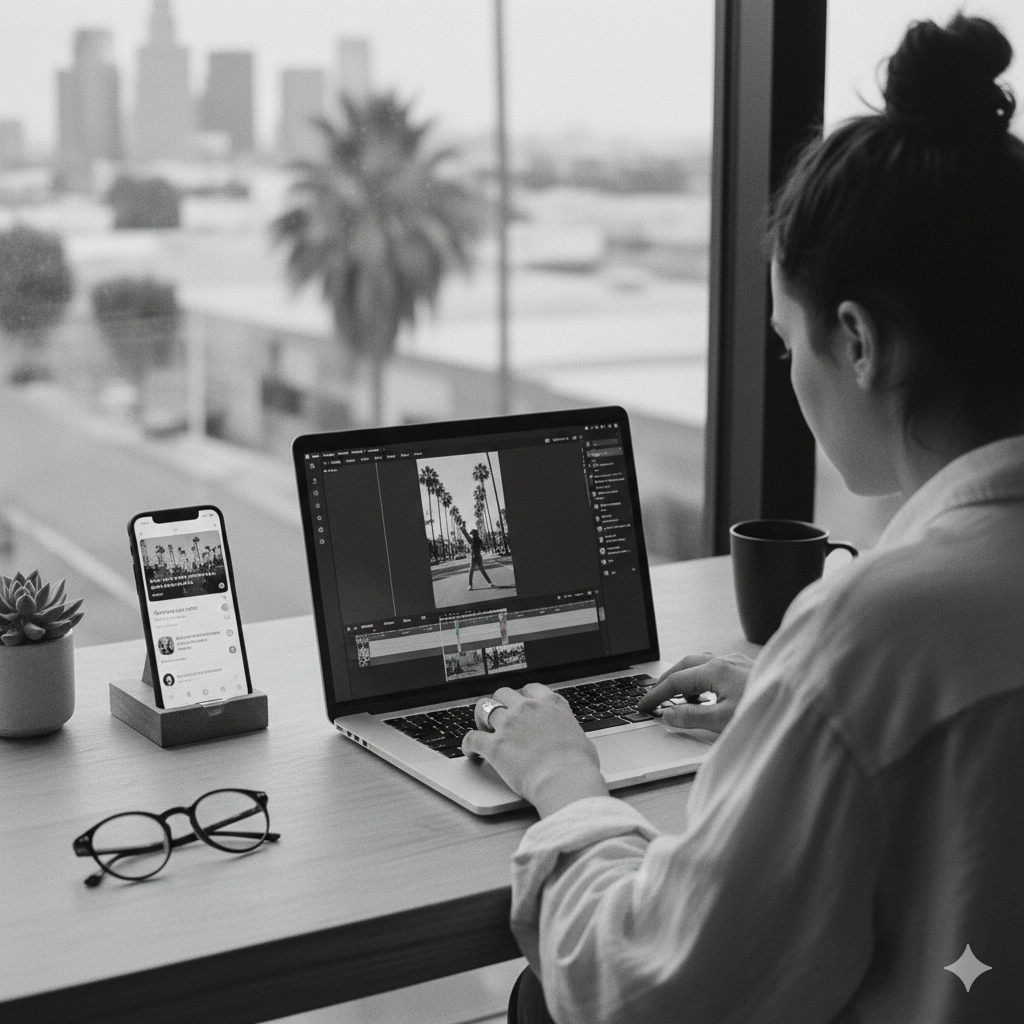 A woman working on photo editing on a laptop, sitting at a desk next to a window with a city view, with a smartphone, glasses, a potted plant, and a cup.