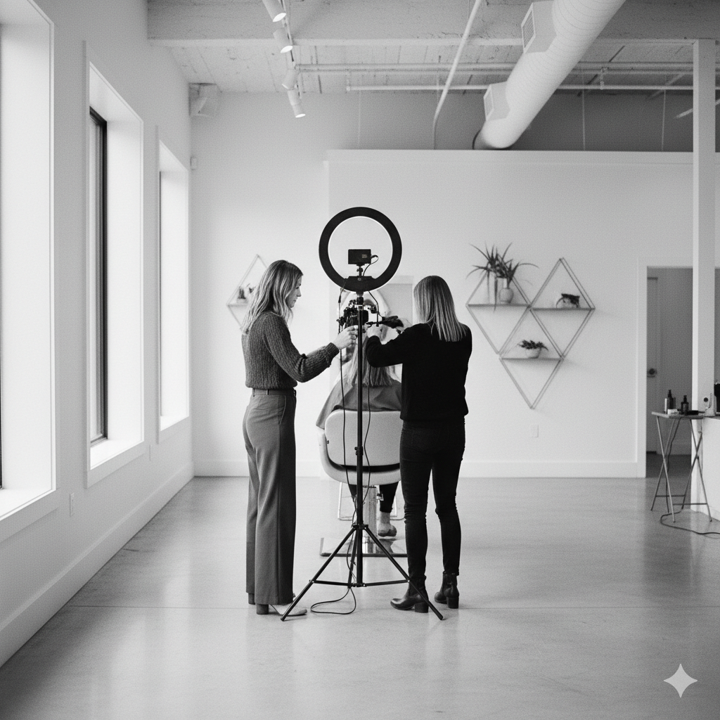 Women filming a product demonstration with lighting equipment in a modern, minimalist studio.