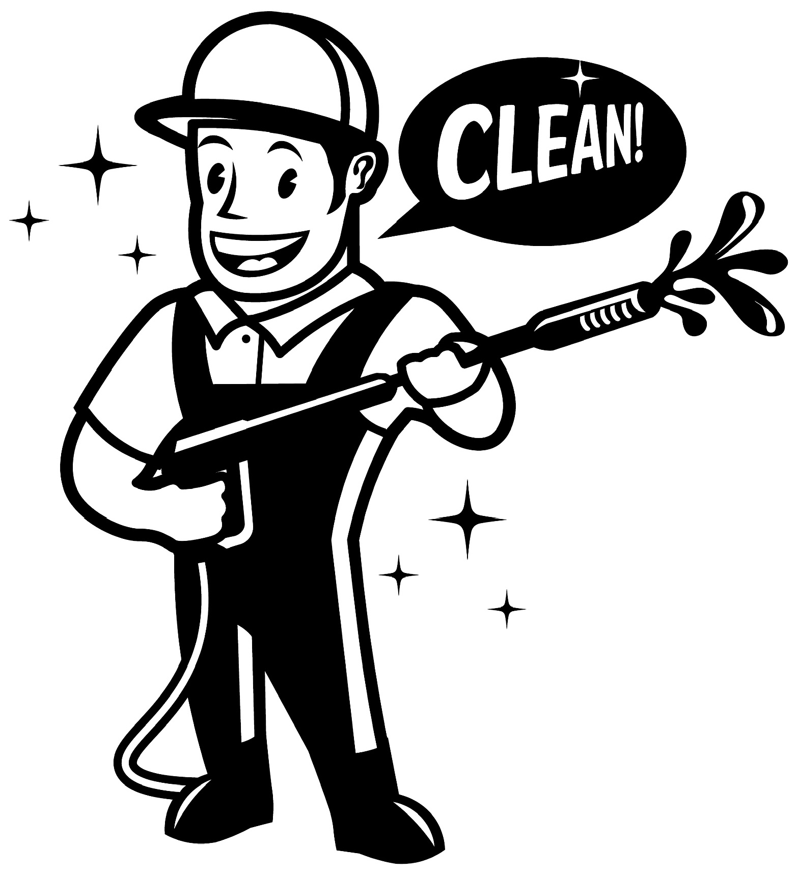 Water Works Pressure & Soft Washing company illustration — mascot with cleaning equipment.
