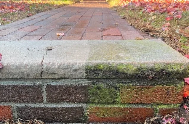 Close-up of a brick steps half cleaned by power washing by Water Works, surrounded by fallen leaves.