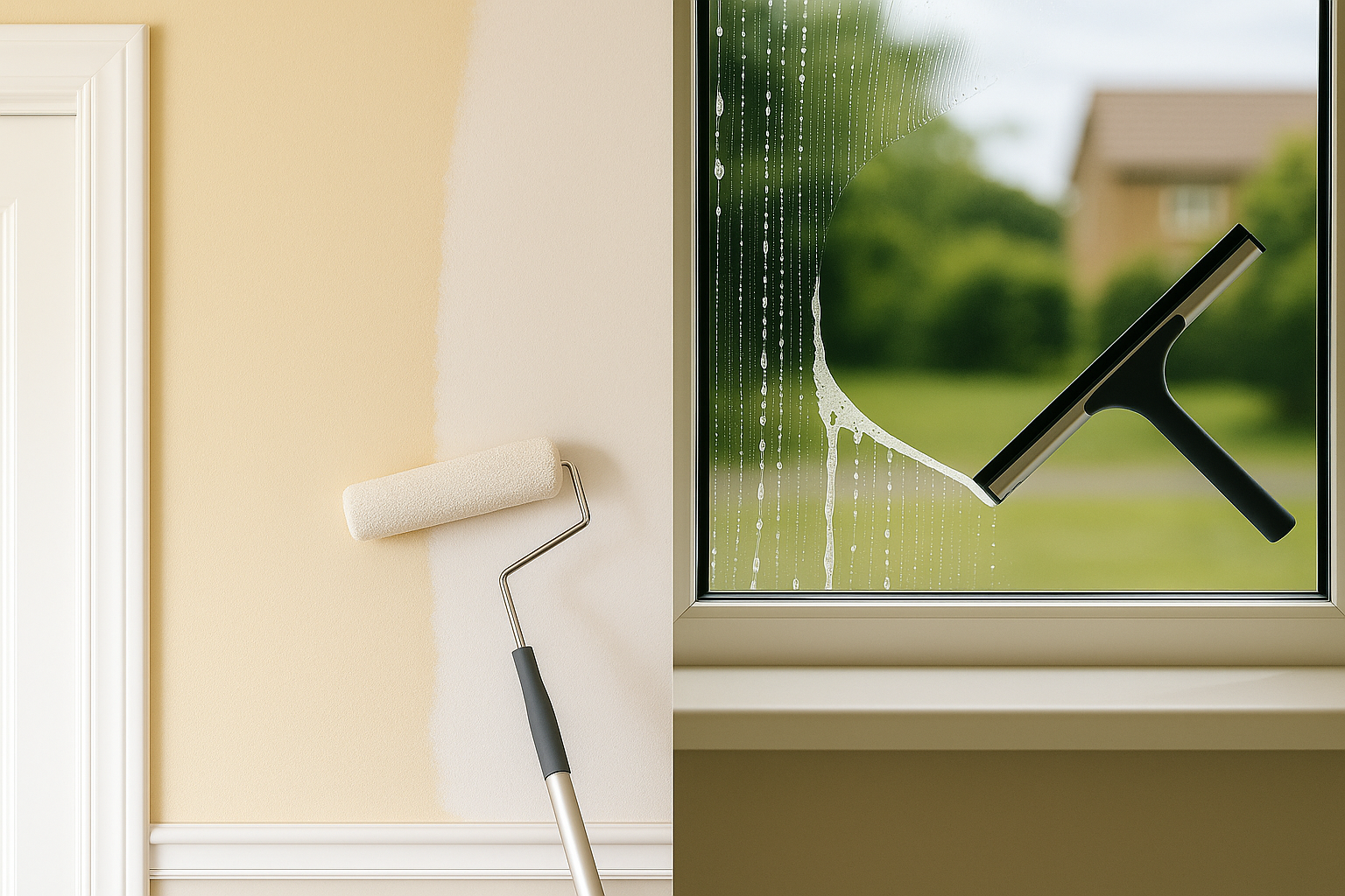 Split image showing interior painting and window cleaning — Water Works home services in Greater Boston.