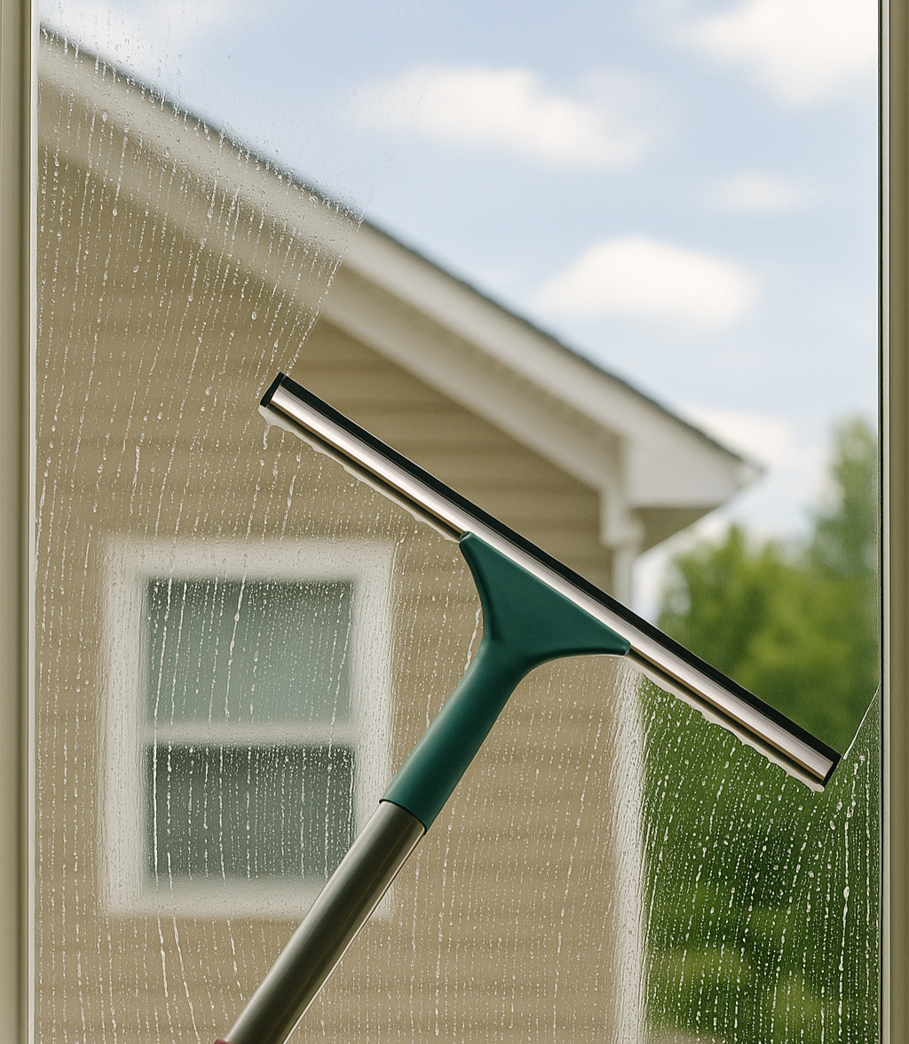 Professional exterior window cleaning with squeegee, clear glass reflecting trees and sky.