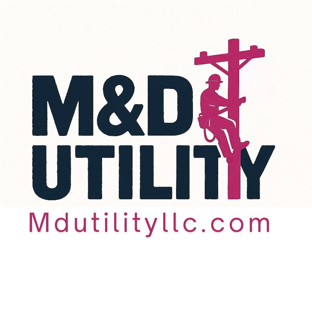 Company logo for M&D Utility featuring a worker on a utility pole and the website mdutilityllc.com