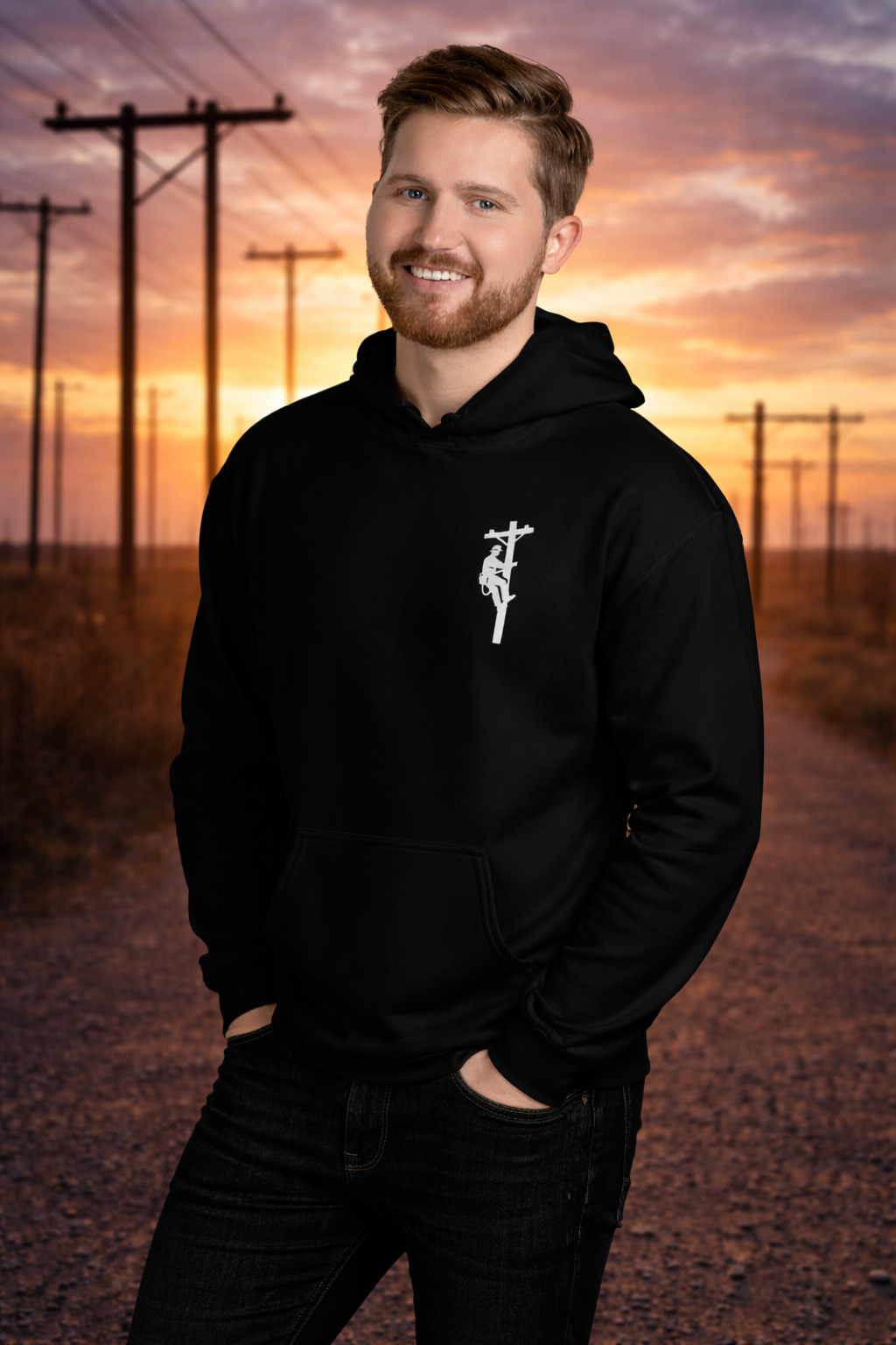 Lineman Hoodie Front (powerline sunset background).png