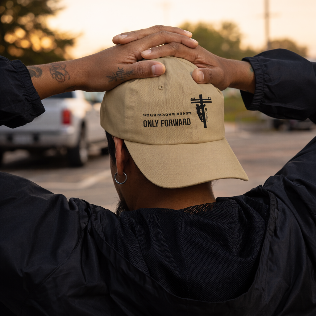 Only forward never backward hat (khaki Parking lot).png