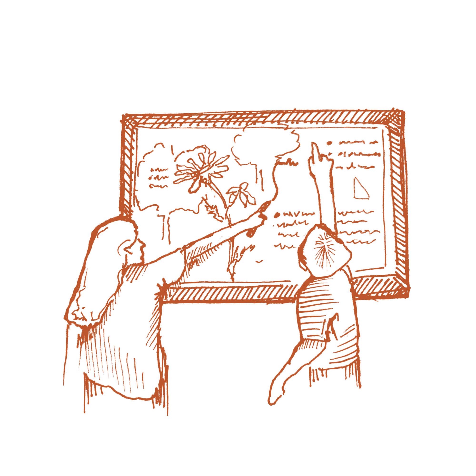 Illustration of children working at a black board. Appears to be a boy and a girl pointing at different plants.