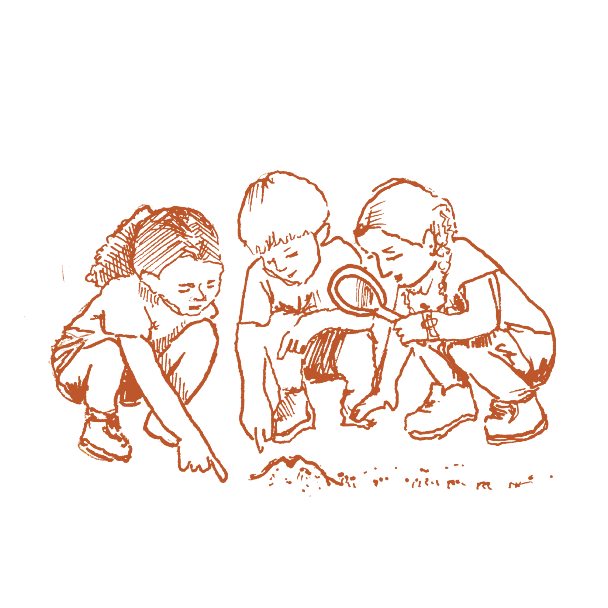 Three children playing outside, inspecting an ant hill and the surrounding ants with a magnifying glass to get a better look at the activity.