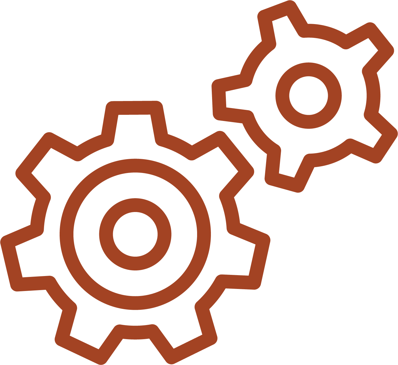 Outline illustration of two interlocking gears, symbolizing innovation.