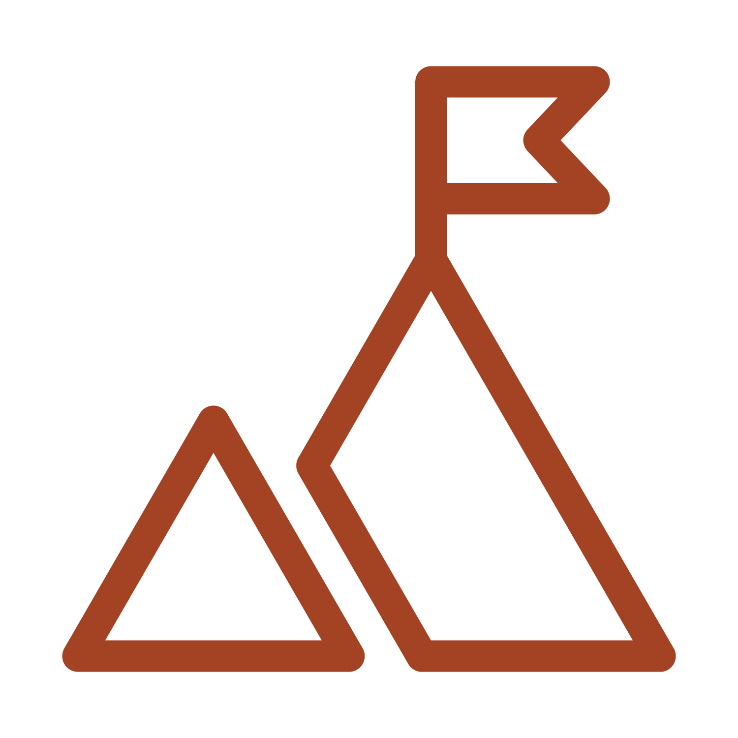 A simple illustration of two orange triangles, one smaller and one larger, with a small flag attached to the larger triangle.