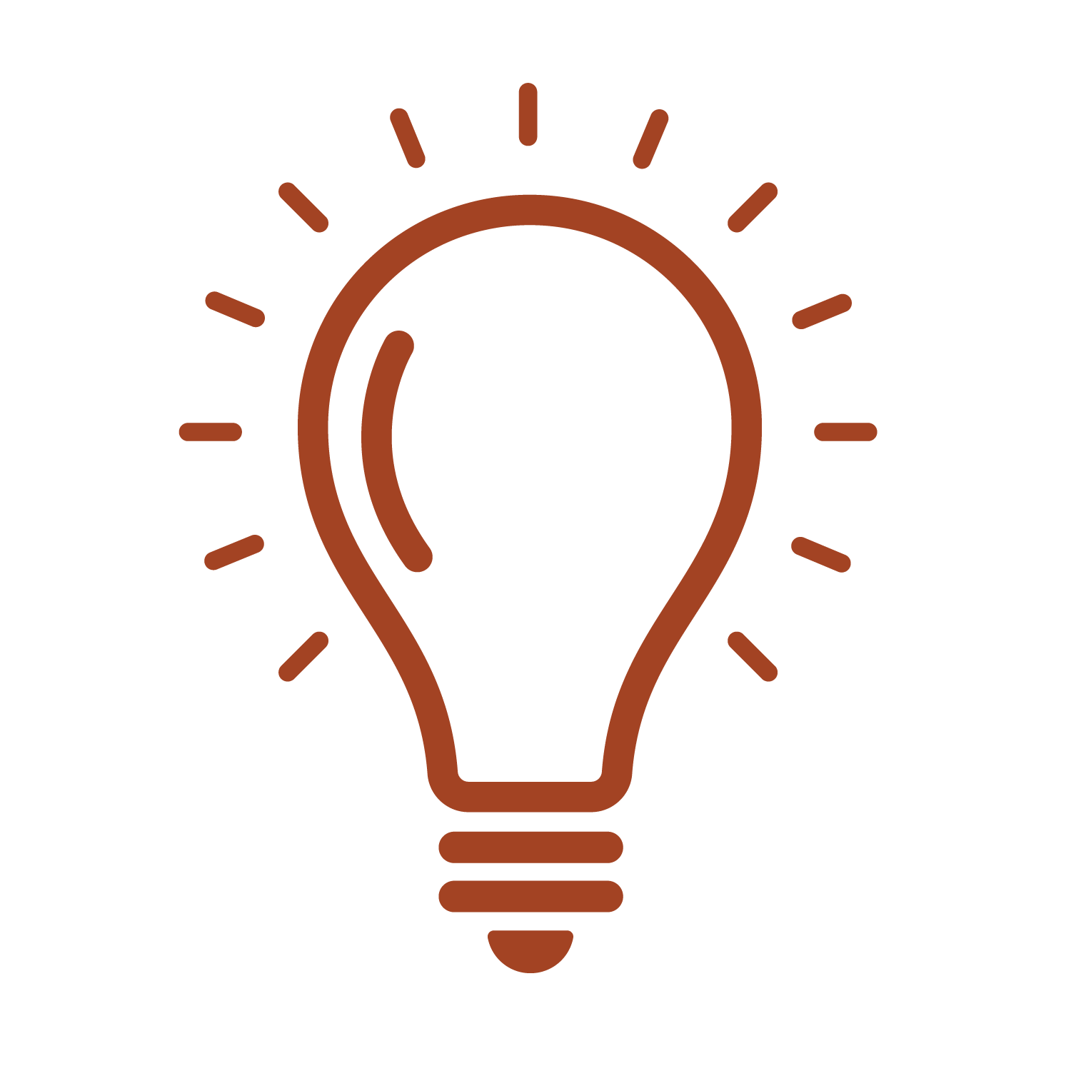 A simple illustration of a light bulb with rays emitting from it, symbolizing creativity.