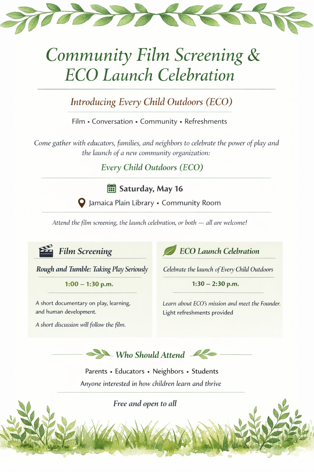 Flyer for Community Film Screening and ECO Launch Celebration featuring green leaves at top and bottom, event details for May 16 at Jamaica Plain Library, with sections about film screening and ECO launch, and mentions of free event open to all.