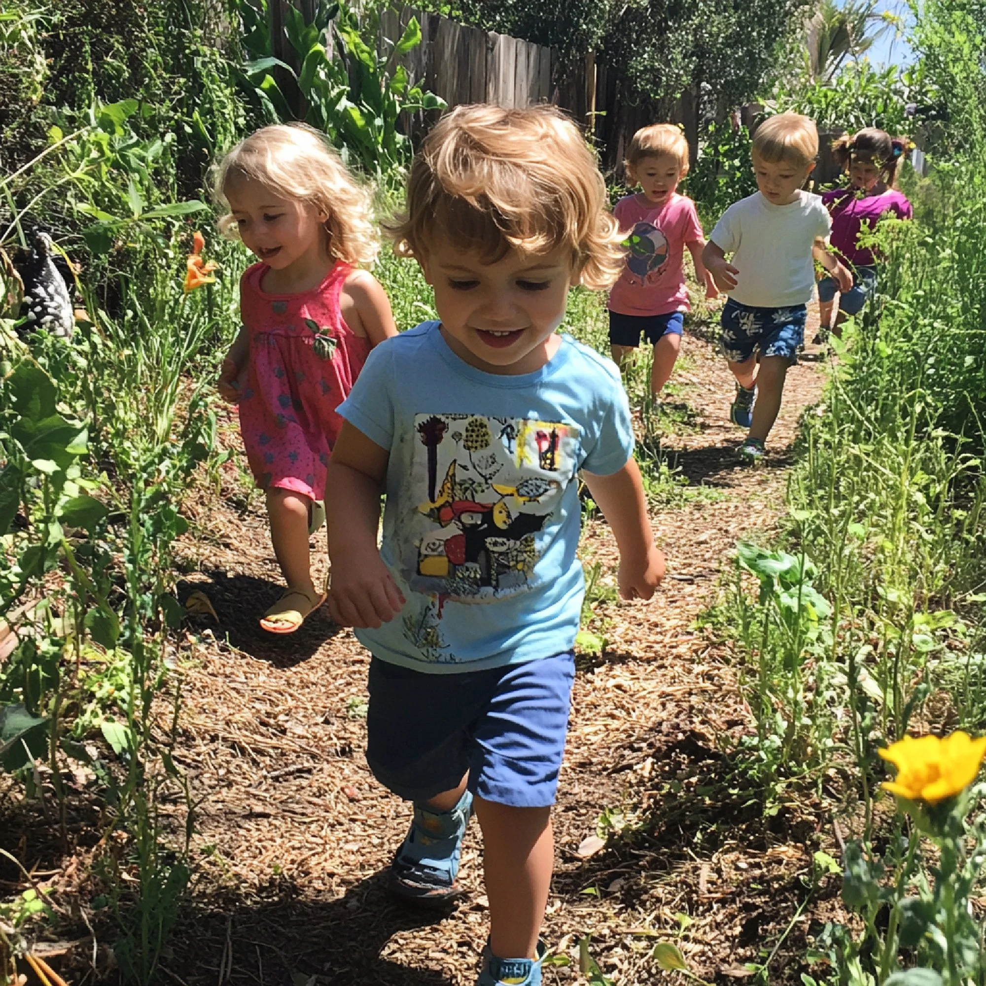 Children running along a dirt path in a lush garden or farm.