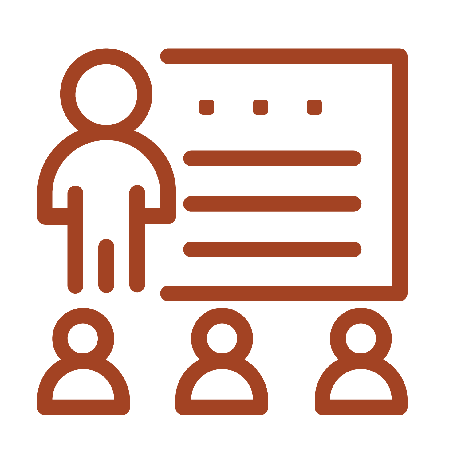 Icon of a person standing next to a presentation board with three bullet points, and three smaller people icons underneath, representing a training or presentation session.  Represents ECO's consulting services.