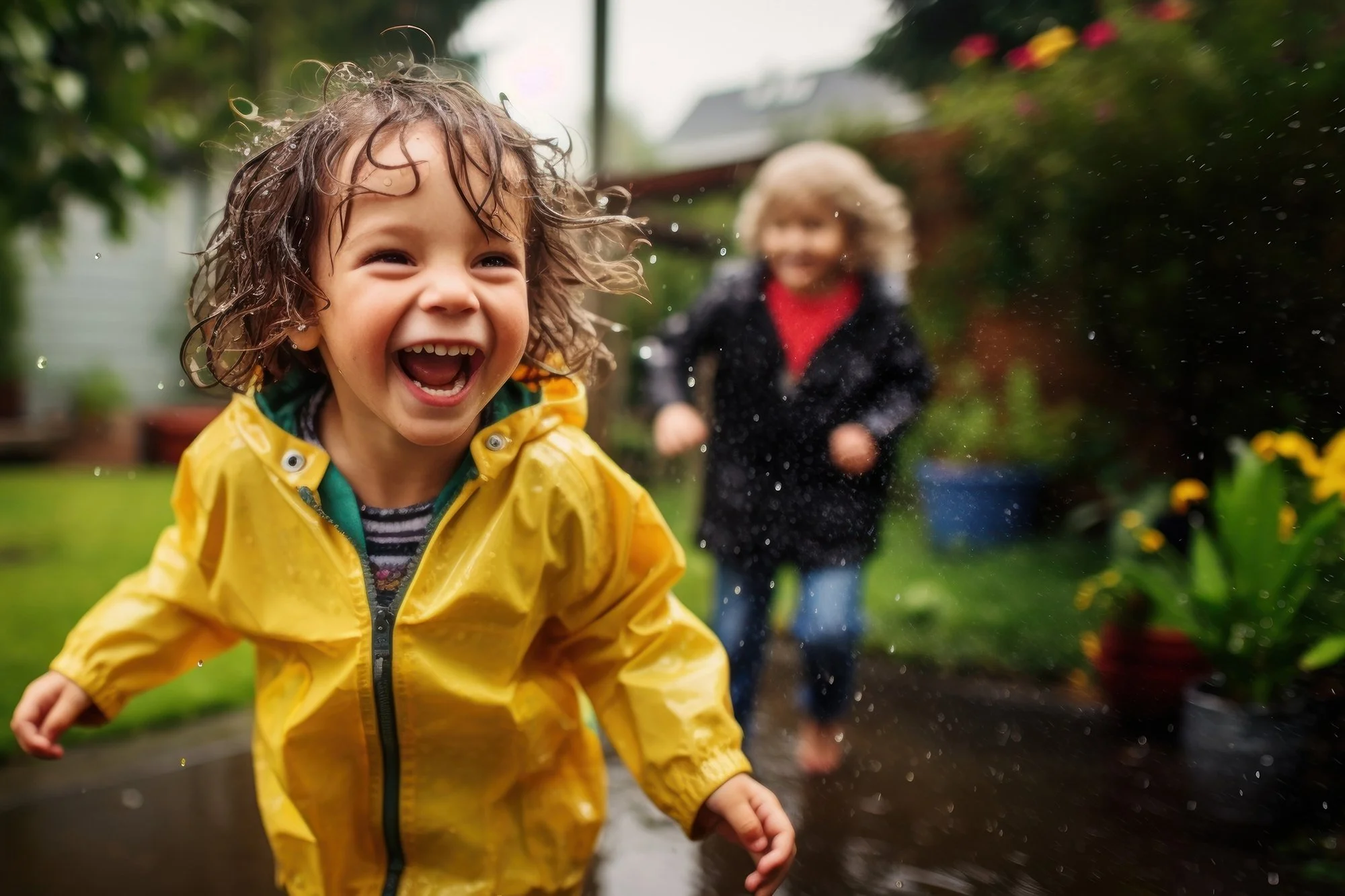 Two children playing in the rain; the girl in the foreground is wearing a yellow raincoat and laughing, the boy in the background is wearing a dark coat and running behind her.