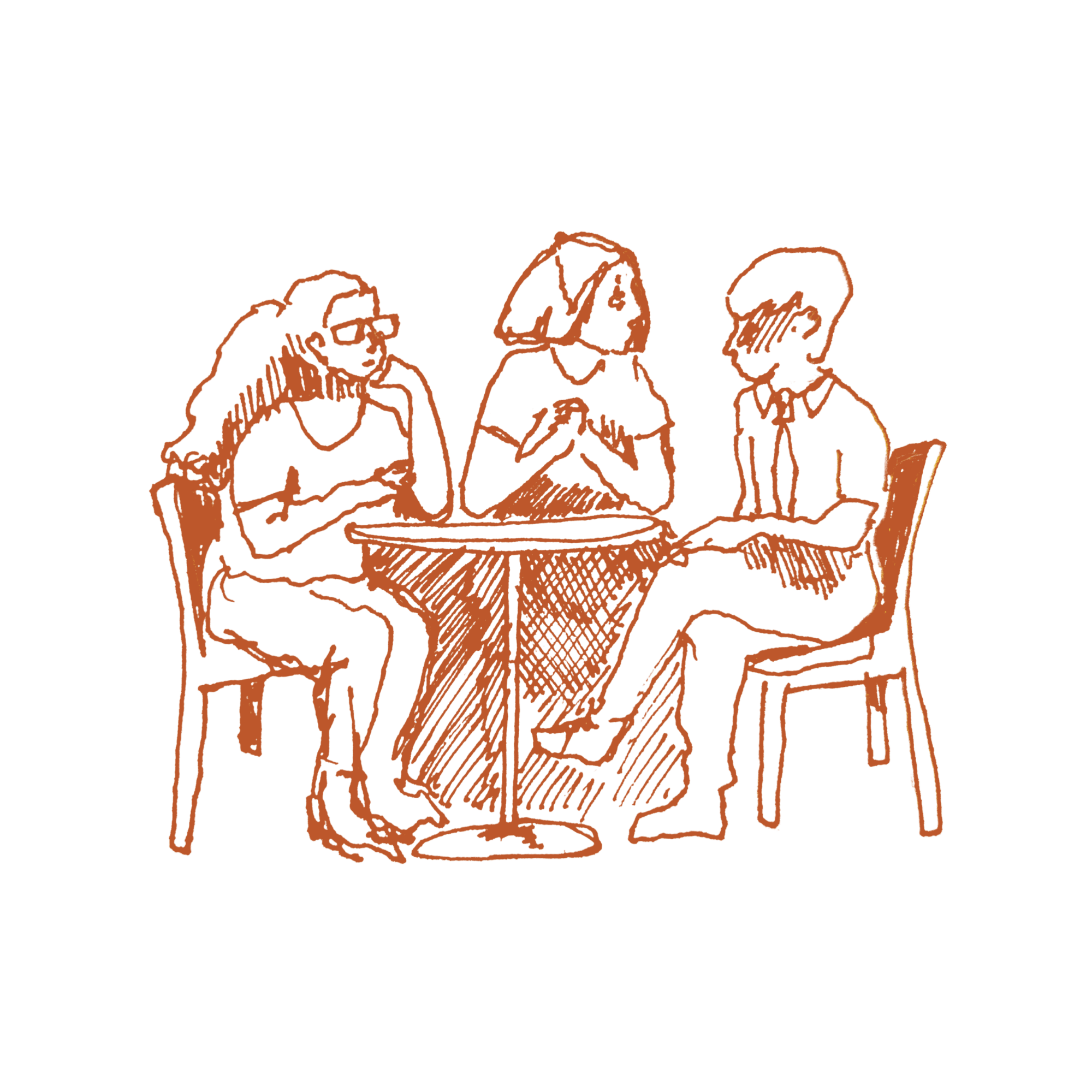 Three adults sitting around a round conference table discussing something. They appear to be a diverse gender group.