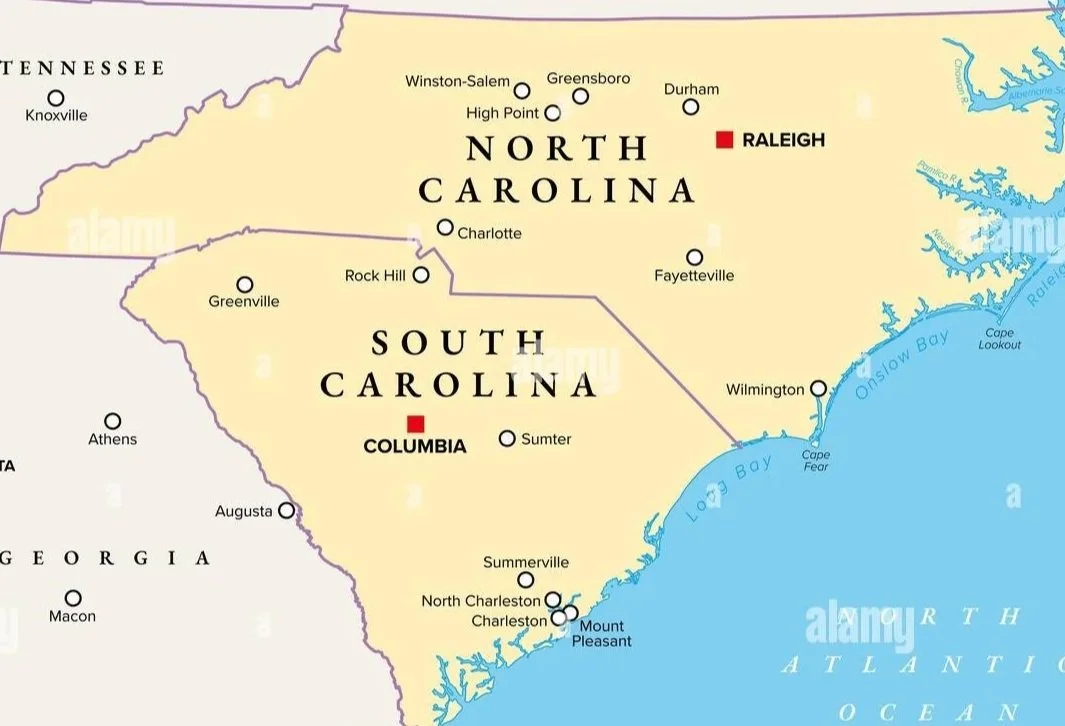 Map of North and South Carolina showing major cities and locations, with Columbia marked in South Carolina and Raleigh in North Carolina, both highlighted with red squares.