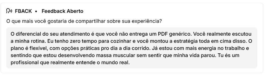 Texto de uma entrevista com comentários positivos sobre atendimento personalizado, flexibilidade, energia no trabalho e compreensão do mundo real.