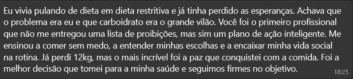 Mensagem de texto sobre dificuldades com dieta restritiva, superação de obstáculos e escolhas de vida saudável.