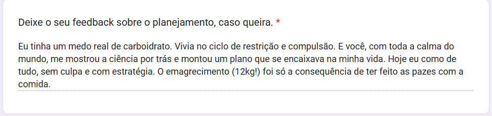 Texto em português sobre medo de carboidrato, ciclo de restrição, compulsão, ciência, plano de emagrecimento e consequências de hábitos alimentares.