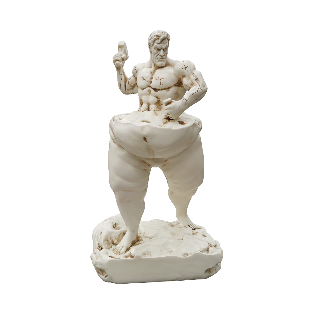Escultura de Hermes, o Deus grego, com corpo musculoso, segurando um símbolo, com cabelo ondulado e expressão séria, feita de mármore