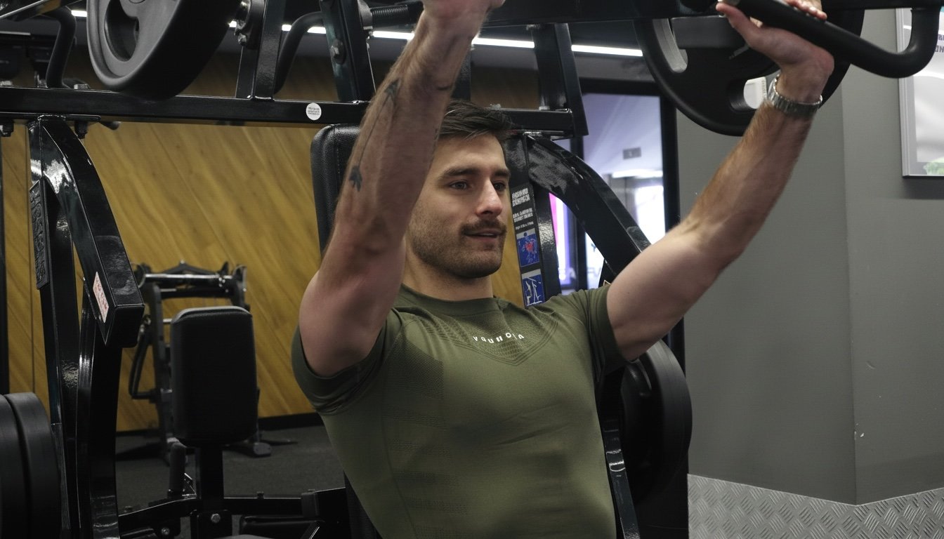 A man lifting weights on a machine at the gym.