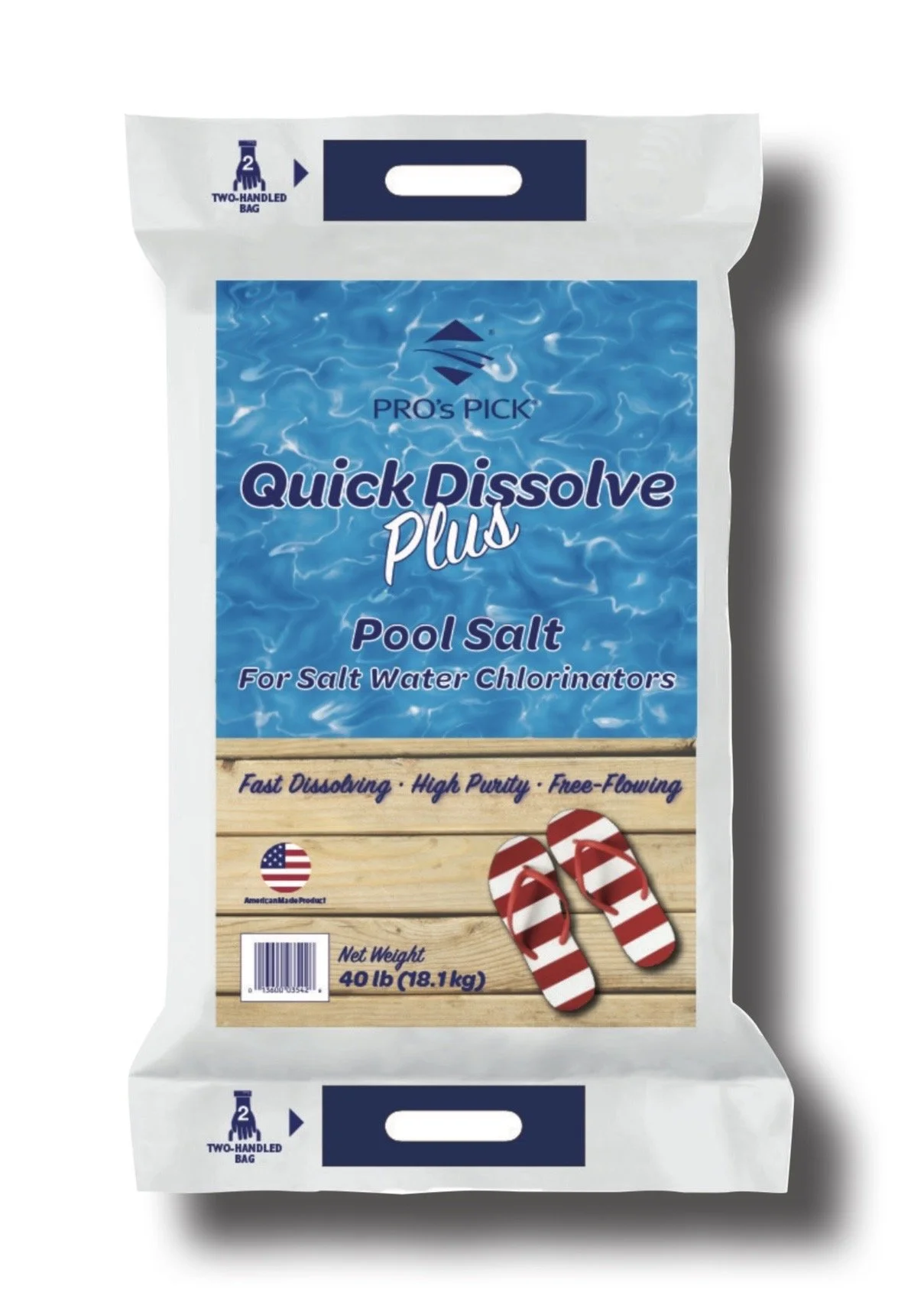 A white plastic bag of pool salt with a blue label, featuring an image of red and white striped flip-flops. The label indicates it is for saltwater chlorinators, with mentions of fast dissolving, high purity, and free-flowing. It weighs 40 pounds (18.1 kg).
