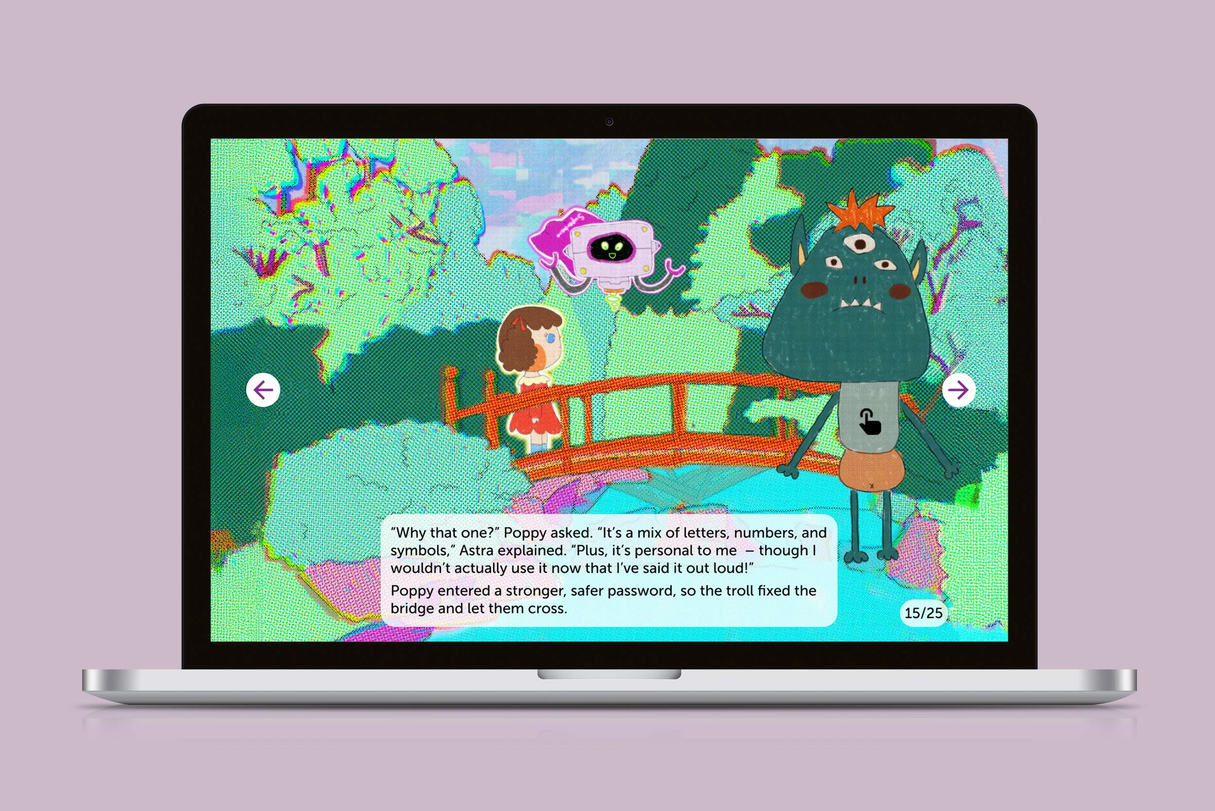 A digital illustration of a young girl talking to a monster with three eyes on a red bridge over a stream, surrounded by colorful trees and bushes, with a floating robot character above her.