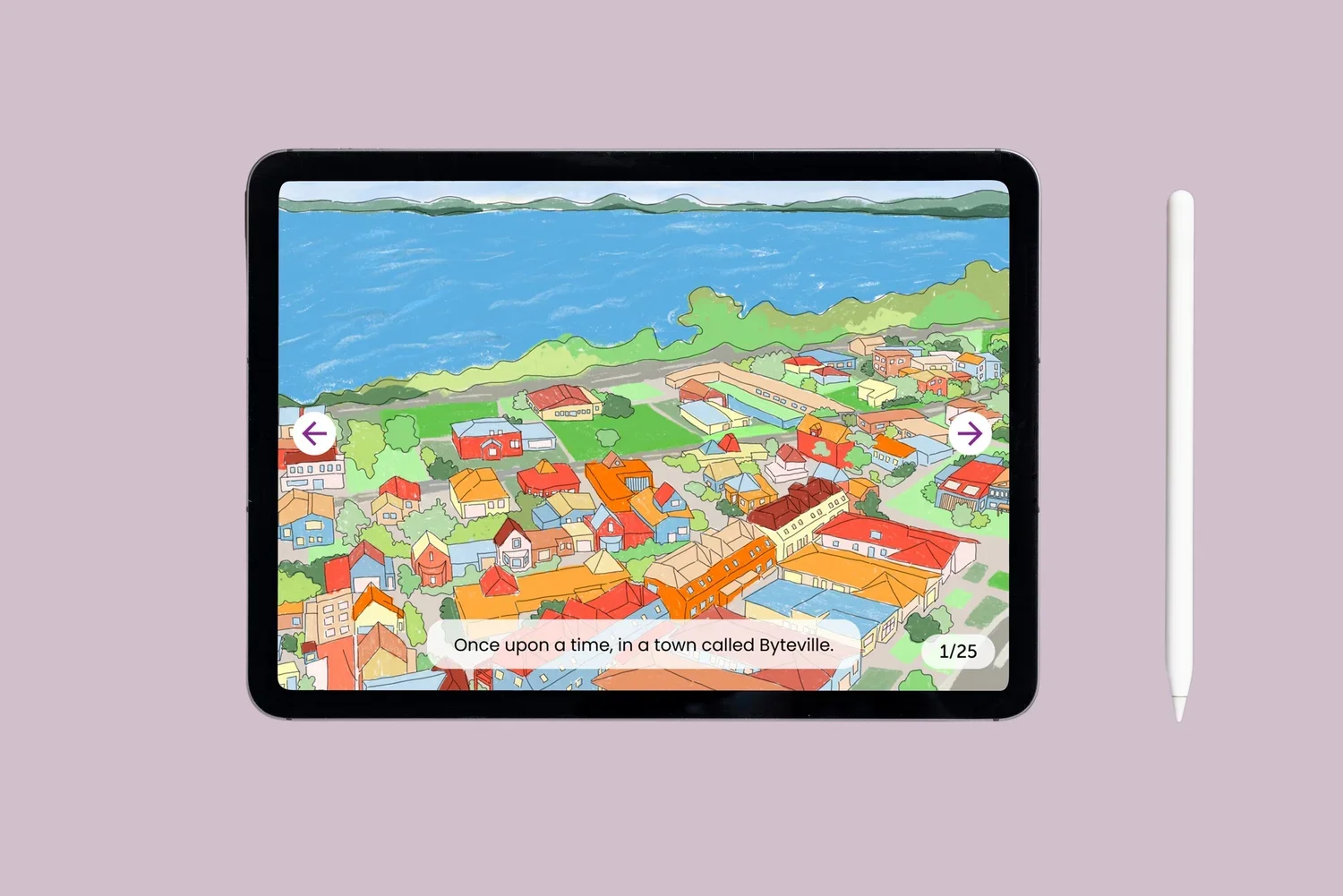 Digital tablet showing an illustrated town called Byteville with colorful houses and a large body of water in the background.