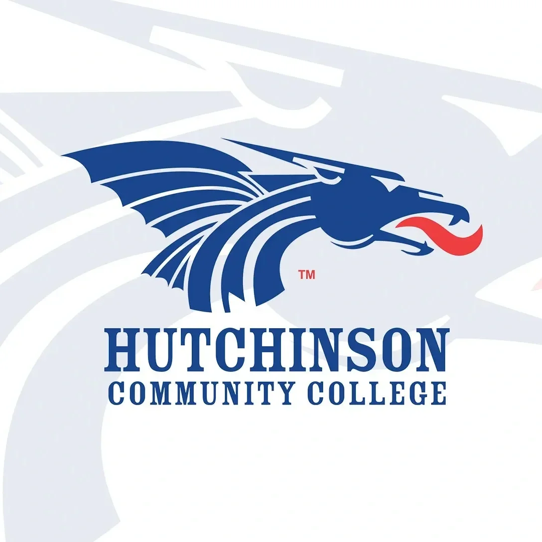 Hutchinson Community College logo featuring a stylized blue bobcat with a red tongue and the college's name in bold blue letters.