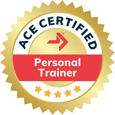 Gold and white badge with a red ribbon in the center that says 'Personal Trainer', and blue text around the top that says 'ACE Certified' with five stars at the bottom.