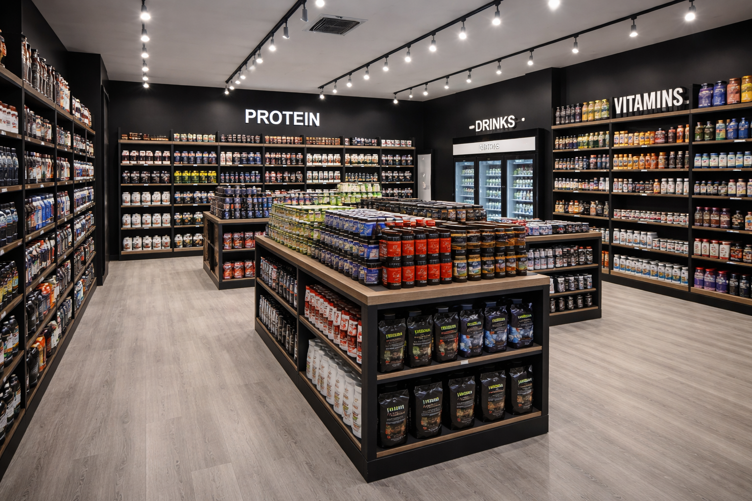 Inside of a supplement store with shelves stocked with protein powders, vitamin bottles, and drinks. There are labeled signs for 'PROTEIN', 'VITAMINS', and 'DRINKS' on the black walls, and a refrigerator with drinks near the back.