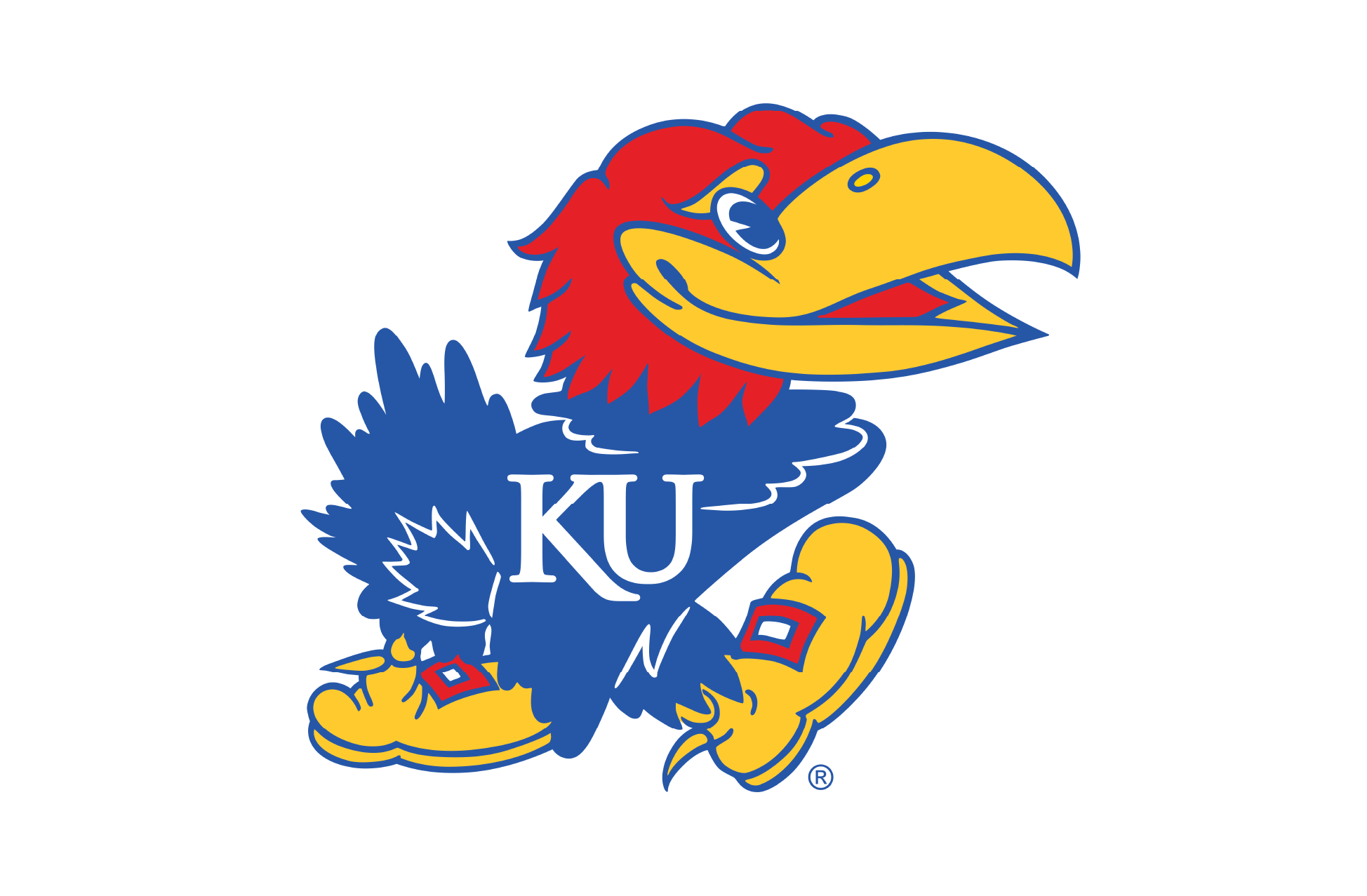 Logo of the Kansas Jayhawks with a cartoon blue jay wearing a red and yellow cap and yellow shoes, with the letters 'KU' on its chest.